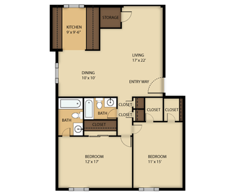 Floor plan for 2 beds, 2 baths, 990 sqft